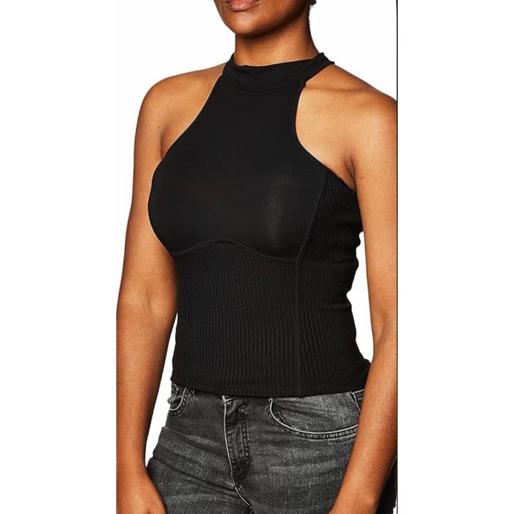 NWOT Guess Rib knit Tank Black Womens Large halter mock neck stretch festival